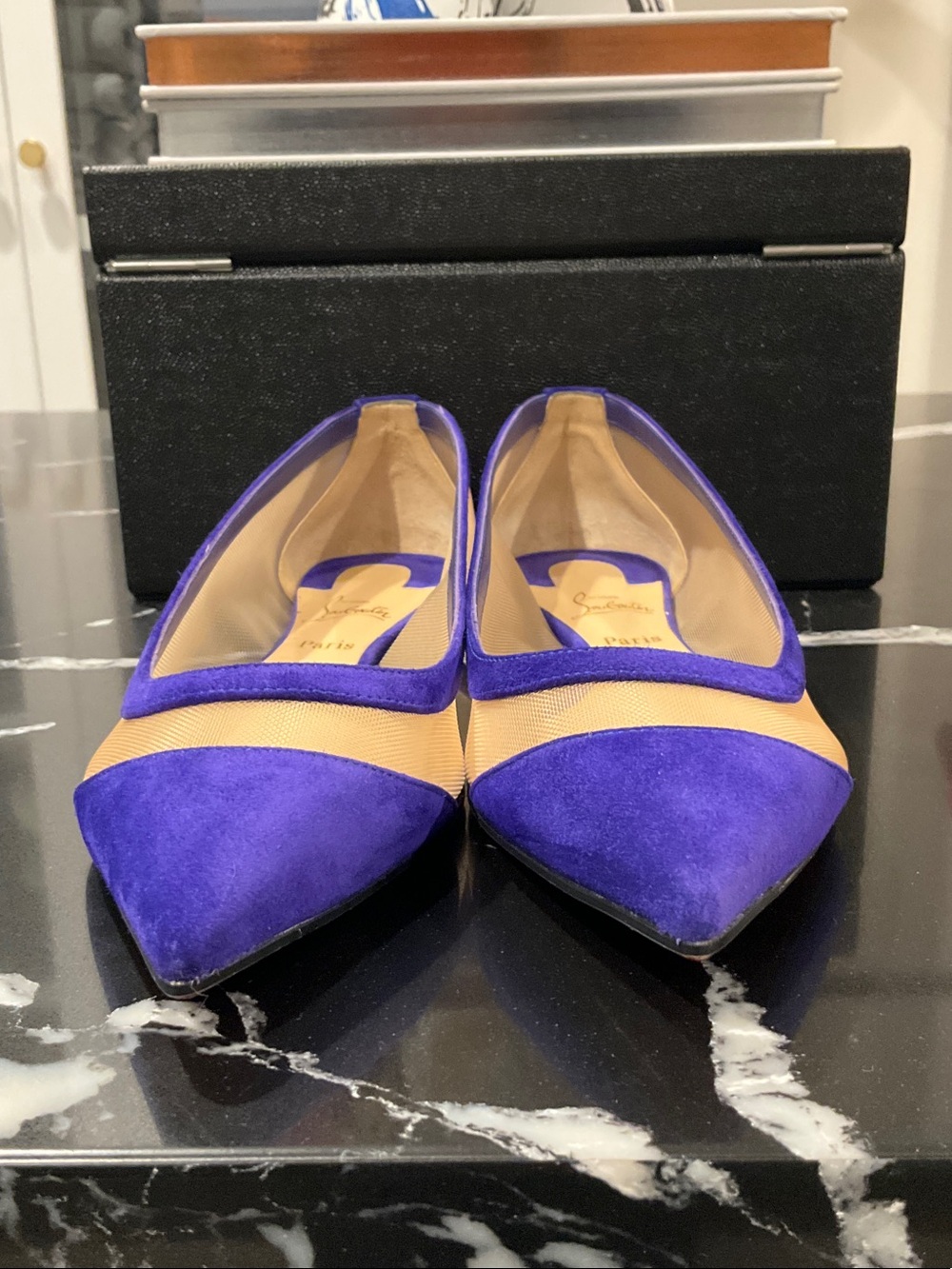 Christian Louboutin Pointed Flats in Vivid Blue/Purple Suede and Nude Mesh - Picture 4 of 9